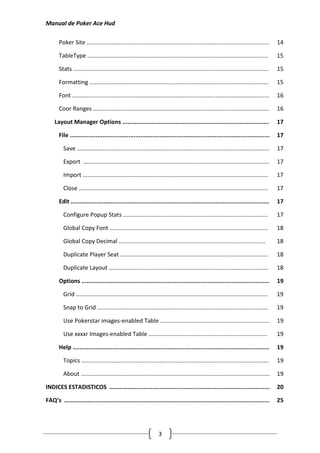 Manual de Poker Ace Hud

      Poker Site ................................................................................................................      14

      TableType ...............................................................................................................        15

      Stats ........................................................................................................................   15

      Formatting ..............................................................................................................        15

      Font .........................................................................................................................   16

      Coor Ranges ............................................................................................................         16

    Layout Manager Options .....................................................................................                       17

      File ....................................................................................................................        17

         Save ......................................................................................................................   17

         Export ..................................................................................................................     17

         Import ..................................................................................................................     17

         Close ....................................................................................................................    17

      Edit ...................................................................................................................         17

         Configure Popup Stats .........................................................................................               17

         Global Copy Font .................................................................................................            18

         Global Copy Decimal ..........................................................................................                18

         Duplicate Player Seat ...........................................................................................             18

         Duplicate Layout ..................................................................................................           18

      Options .............................................................................................................            19

         Grid ......................................................................................................................   19

         Snap to Grid .........................................................................................................        19

         Use Pokerstar images-enabled Table ...................................................................                        19

         Use xxxxr Images-enabled Table .........................................................................                      19

      Help ..................................................................................................................          19

         Topics ...................................................................................................................    19

         About ....................................................................................................................    19

INDICES ESTADISTICOS ……………….............................................................................                               20

FAQ’s ……………….......................................................................................................                    25




                                                                  3
 