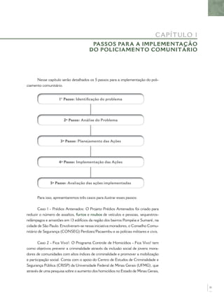 CA P ÍT UL O 1
                                        PASSOS PARA A IMPLEMENTAÇÃO
                                       DO POLICIAMENTO COMUNITÁRIO




      Nesse capítulo serão detalhados os 5 passos para a implementação do poli-
ciamento comunitário.


                    1° Passo: Identiﬁcação do problema




                       2º Passo: Análise do Problema




                    3º Passo: Planejamento das Ações




                    4º Passo: Implementação das Ações




              5º Passo: Avaliação das ações implementadas


      Para isso, apresentaremos três casos para ilustrar esses passos:

       Caso 1 - Prédios Antenados: O Projeto Prédios Antenados foi criado para
reduzir o número de assaltos, furtos e roubos de veículos e pessoas, sequestros-
relâmpagos e arrastões em 13 edifícios da região dos bairros Pompéia e Sumaré, na
cidade de São Paulo. Envolveram-se nessa iniciativa moradores, o Conselho Comu-
nitário de Segurança (CONSEG) Perdizes/Pacaembu e as polícias militares e civis.


       Caso 2 - Fica Vivo!: O Programa Controle de Homicídios - Fica Vivo! tem
como objetivos prevenir a criminalidade através da inclusão social de jovens mora-
dores de comunidades com altos índices de criminalidade e promover a mobilização
e participação social. Conta com o apoio do Centro de Estudos de Criminalidade e
Segurança Pública (CRISP) da Universidade Federal de Minas Gerais (UFMG), que
através de uma pesquisa sobre o aumento dos homicídios no Estado de Minas Gerais,



                                                                                                21
 