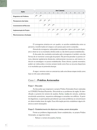 Ano 1 (meses)
                Ações
                                         1      2     3     4      5      6      7      8        9   10   11   12


     Diagnóstico do Problema


     Planejamento das Ações


     Levantamento de Recursos


     Implementação do Projeto


     Monitoramentos e Avaliação




                                      O cronograma sintetiza em um quadro, os acordos estabelecidos entre os
                              parceiros, transformados em etapas e com prazos para serem cumpridos.
                                      Através do cronograma, todos podem acompanhar o desenvolvimento do pro-
                              jeto e observar se os resultados obtidos estão ou não dentro prazos estabelecidos.
                                      A discussão dos resultados estimados pelo cronograma é também uma das
                              formas de se monitorar a execução do projeto. Ele permite perceber os pontos crí-
                              ticos, detectar rapidamente obstáculos, redimensionar recursos ou, até mesmo, re-
                              discutir as estratégias e os prazos estabelecidos. Estes últimos, quando necessário,
                              podem ser rediscutidos e revistos sempre tendo como foco os recursos disponíveis
                              e os resultados que se pretende alcançar.


                                    A seguir, veremos como se caracteriza cada uma dessas etapas tendo como
                              base os três casos selecionados:



                              Caso 1 - Prédios Antenados

                              Etapa 1 - Discussão
                                    As discussões que originaram o projeto Prédios Antenados foram realizadas
                              no CONSEG Perdizes/Pacaembu. Discutindo-se os problemas da região, foi iden-
                              tiﬁcado o aumento do número de assaltos, furtos, roubos de veículos, acidentes
                              envolvendo automóveis, sequestros-relâmpagos e arrastões nos edifícios. A partir
                              do diagnóstico, os participantes perceberam que esses problemas se concentravam
                              em determinadas áreas da região. Essa informação permitiu estabelecer alguns ob-
                              jetivos a serem alcançados.


                              Etapa 2 - Estabelecimento de objetivos e metas a serem alcançados
                                   Frente ao problema diagnosticado, foram estabelecidos, no projeto Prédios
                              Antenados, as seguintes metas:
                                    •   Reduzir o número de assaltos, furtos.



34
                          CAPÍTULO 1 – PASSOS PARA A IMPLEMENTAÇÃO DO POLICIAMENTO COMUNITÁRIO
 