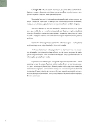 Cronograma: lista, em ordem cronológica, as tarefas deﬁnidas na metodo-
     logia para cada um dos atores envolvidos no programa. Esse item demonstra o tem-
     po de duração de cada uma das etapas do programa.


             Resultados: lista os principais resultados alcançados pelo projeto, tanto os po-
     sitivos e negativos, bem como aqueles que não haviam sido previstos inicialmente,
     mas que, durante a execução, tornaram-se objetivos e foram também atingidos.


            Recursos: descreve os recursos materiais e humanos utilizados, suas fontes
     e em que medida deu-se o envolvimento de cada ator durante a implementação do
     programa. Essas informações são essenciais para aqueles que pretendem dar conti-
     nuidade a ele e para outros que buscam referências para implementar seus próprios
     projetos.


            Obstáculos: lista os principais obstáculos enfrentados para a realização do
     projeto e relata como essas diﬁculdades foram enfrentadas.


            Avaliação: faz tanto um balanço geral entre os objetivos iniciais e os resulta-
     dos alcançados, como também relata se houve ou não outros processos de avalia-
     ção ao longo do projeto, como foram essas avaliações, em que períodos e como as
     informações geradas foram usadas.


            Organização das informações: tem grande importância para facilitar a leitura
     e a compreensão do projeto. Para isso, as informações devem ser escritas de manei-
     ra clara e ordenadas de forma lógica. Esses cuidados colaborarão tanto para a boa
     apresentação do projeto, como também para que as boas ideias sejam devidamente
     destacadas. O quadro abaixo apresenta um formato que pode ser seguido para a re-
     alização do registro da memória, tendo como exemplo de preenchimento o projeto
     Prédios Antenados.




56
                     CAPÍTULO 2 – MEMÓRIA DO PROJETO
 