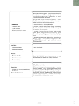 Através de atividades culturais, artísticas, esportivas e recre-
                                           ativas planejou-se contribuir para o pleno desenvolvimento
                                           como também tentar diminuir a vulnerabilidade dos adoles-
                                           centes e jovens atendidos pelo projeto.
                                           Essas atividades servem como meio para trabalhar o espírito
                                           de cidadania, a tolerância, o respeito à vida humana e a conso-
                                           lidação da cultura da paz e combate à violência.
Planejamento                               O programa oferece as seguintes atividades:
- Estratégia e meios                       • esportivas: futebol de campo, futebol de salão, vôlei, queima-
                                           da, rodas de capoeira, artes marciais, tênis de mesa, jogo de
- Divisão de tarefas
                                           dama, xadrez, dominó e outros;
- Mudanças ocorridas no projeto
                                           • atividades artísticas e culturais: oﬁcinas de dança, iniciação
                                           teatral, oﬁcinas de percussão, teclado e canto/coral, oﬁcina
                                           de desenho e pintura, fotograﬁa, cinema e vídeo, Hip Hop e
                                           outros;
                                           • atividades socioeducativas: atendimento psicológico, pe-
                                           dagógico, jurídico e social, oﬁcinas de prevenção às dro-
                                           gas, DST/AIDS, orientação e apoio sociofamiliar e cursos
                                           proﬁssionalizantes.


Resultados
- Resultados das ações                     Não há informações.
- Resultados não previstos


Recursos
- Recursos utilizados                      Custo: R$ 1.700.000,00 (um milhão e setecentos mil reais)
- Fontes dos recursos                      anuais provindos do Governo do Estado do Amazonas.

- Atores envolvidos



                                           Diﬁculdades encontradas:

Obstáculos                                 Deﬁciência de espaços públicos adequados para o funciona-
                                           mento do programa. Como a maioria dos espaços pertencem
- Situações que diﬁcultaram a realização   ao governo municipal, as diﬁculdades se faziam maiores quan-
  dos objetivos                            do o grupo político municipal diferia do estadual. Esse foi um
-Formas de enfrentamento                   dos principais obstáculos para a expansão do programa para
                                           outros municípios amazonenses que também apresentam grau
                                           de vulnerabilidade de adolescentes e jovens.




                                                                                                              81
                                                     ANEXOS
 
