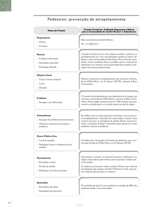 Pedestres: prevenção de atropelamentos

                                                      Projeto Canteiros: Colhendo Segurança e Beleza
                  Nome do Projeto                   para a Comunidade do Jardim Ranieri e Adjacências

     Responsáveis
                                                   Base comunitária do Jardim Ranieri
     - Nomes
                                                   Tel.: (11) 5833-2111
     - Contatos


     Resumo                                        O projeto Canteiros tem como objetivo reduzir e prevenir os
                                                   atropelamentos em uma movimentada avenida do bairro Jd.
     - Problema enfrentado                         Ranieri, zona sul da cidade de São Paulo. Para enfrentar o pro-
     - Resultados esperados                        blema, foram instalados faixa e semáforo para a travessia de
                                                   pedestres e um canteiro central ajardinado para impedir a pas-
     - Estratégia utilizada                        sagem fora da área determinada.


     Objetivo Geral
     - O que se busca alcançar                     Reduzir e prevenir os atropelamentos que ocorriam na Estra-
                                                   da do M’Boi Mirim, no Jd. Ranieri (SP/SP), próximo à Base
     - Local                                       Comunitária.
     - Duração



                                                   O número de atropelamentos, principalmente de crianças, que
     Problema                                      ocorriam na Estrada do M’Boi Mirim, próximo à Base Comu-
     - Situação a ser enfrentada                   nitária. Nessa região, passam cerca de 1.300 crianças, que atra-
                                                   vessam a estrada para ir a uma das quatro escolas da região.




     Antecedentes                                  Em 2006, entre os meses de janeiro e fevereiro, ocorreram cin-
                                                   co atropelamentos, vítimando, em quatro deles, crianças. Esse
     - Situação do problema antes do projeto
                                                   número assustou os moradores do Jardim Ranieri que procu-
     - Tentativas anteriores de resolver o         raram os policiais da Base Comunitária para pensar em como
       problema                                    poderiam resolver o problema.



     Área e Público Alvo
     - Local de atuação                            O público-alvo do projeto é formado por pedestres que circu-
                                                   lam pela Estada do M’Boi Mirim no Jd. Ranieri (SP/SP).
     - População a quem o projeto procura
       atender



                                                   Para realizar o projeto, os policiais buscaram a prefeitura e os
     Planejamento
                                                   órgãos responsáveis pelo trânsito para autorizar e realizar par-
     - Estratégia e meios                          te do projeto.
     - Divisão de tarefas                          Os policiais procuraram ainda o projeto Pomar, que cuida da
                                                   revitalização das margens dos Rios Pinheiros e Tietê, para pe-
     - Mudanças ocorridas no projeto
                                                   dir mudas de plantas para os canteiros.




     Resultados
                                                   O resultado da ação foi uma signiﬁcativa redução de 80% dos
     - Resultados das ações
                                                   acidentes desde o início do projeto.
     - Resultados não previstos




82
                                               ANEXOS
 