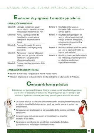 M A N U A L PA R A L A S B U E N A S P R Á C T I C A S D E P O R T I VA S


       Evaluación de programas. Evaluación por criterios.
EVALUACIÓN CUALITATIVA
Criterio 1: Liderazgo, compromiso, apoyo y              Criterio 6: Resultados en los usuarios.
            reconocimiento a todas las personas                     Percepción de los usuarios sobre el
            implicadas en el desarrollo del Plan.                   servicio recibido.
Criterio 2: Política y estrategia: grado de             Criterio 7: Resultados de la percepción del
            formalización, comunicación y                           servicio sobre el seguimiento del
            participación del personal en la                        trabajo, formación, participación,
            mejora.                                                 comunicación, reconocimiento y
Criterio 3: Personas. Percepción del servicio                       trabajo en equipo.
            sobre la estructura, organigrama y          Criterio 8: Resultados en la sociedad. Percepción
            condiciones.                                            que tiene la organización sobre su
Criterio 4: Aplicaciones y recursos: adecuación                     impacto en la sociedad.
            de los recursos, grado de eficiencia,       Criterio 9: Resultados claves: percepción sobre lo
            adaptación a las aplicaciones                           que está consiguiendo la organización
            informáticas del servicio.                              en relación a sus objetivos y
Criterio 5: Procesos: gestión y seguimiento de los                  expectativas formuladas.
            procesos.

EVALUACIÓN SEMICUANTITATIVA
  Resumen de matriz dafo y propuestas de mejora. Plan de mejora.
  Valoración del proceso de evaluación interno del Plan de Deporte en Edad Escolar de Andalucía.



                         Concepto de buenas prácticas
      Entendemos por buenas prácticas de deporte en edad escolar aquellas intervenciones
        que facilitan el desarrollo de actividades de aprendizaje en las que se logren con
         eficiencia objetivos formativos previstos y aprendizajes de alto valor educativo.


           Las buenas prácticas se relacionan directamente con los actuales planteamientos sobre
           los criterios de calidad de la intervención social, que no sólo abarcan la gestión y los
           procedimientos.
           Se relacionan con la satisfacción de las necesidades de las personas y entidades
           participantes.
           Son experiencias exitosas que pueden ser replicadas en su conjunto o
           en alguna de sus partes.
           Se consideran como buenas por ser prácticas sistematizadas de trabajo,
           que han resultado eficientes en diferentes contextos.


                                                                                                             11
 