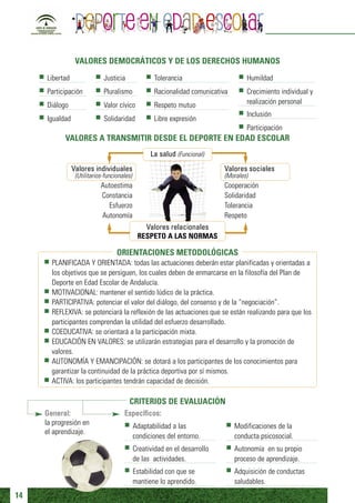 VALORES DEMOCRÁTICOS Y DE LOS DERECHOS HUMANOS
     Libertad                Justicia               Tolerancia                      Humildad
     Participación           Pluralismo             Racionalidad comunicativa       Crecimiento individual y
     Diálogo                 Valor cívico           Respeto mutuo                   realización personal
                                                                                    Inclusión
     Igualdad                Solidaridad            Libre expresión
                                                                                    Participación
            VALORES A TRANSMITIR DESDE EL DEPORTE EN EDAD ESCOLAR
                                                   La salud (Funcional)
                Valores individuales                                        Valores sociales
                 (Utilitarios-funcionales)                                  (Morales)
                            Autoestima                                      Cooperación
                            Constancia                                      Solidaridad
                              Esfuerzo                                      Tolerancia
                            Autonomía                                       Respeto
                                                Valores relacionales
                                              RESPETO A LAS NORMAS

                                   ORIENTACIONES METODOLÓGICAS
       PLANIFICADA Y ORIENTADA: todas las actuaciones deberán estar planificadas y orientadas a
       los objetivos que se persiguen, los cuales deben de enmarcarse en la filosofía del Plan de
       Deporte en Edad Escolar de Andalucía.
       MOTIVACIONAL: mantener el sentido lúdico de la práctica.
       PARTICIPATIVA: potenciar el valor del diálogo, del consenso y de la “negociación”.
       REFLEXIVA: se potenciará la reflexión de las actuaciones que se están realizando para que los
       participantes comprendan la utilidad del esfuerzo desarrollado.
       COEDUCATIVA: se orientará a la participación mixta.
       EDUCACIÓN EN VALORES: se utilizarán estrategias para el desarrollo y la promoción de
       valores.
       AUTONOMÍA Y EMANCIPACIÓN: se dotará a los participantes de los conocimientos para
       garantizar la continuidad de la práctica deportiva por sí mismos.
       ACTIVA: los participantes tendrán capacidad de decisión.

                                        CRITERIOS DE EVALUACIÓN
     General:                         Específicos:
     la progresión en                        Adaptabilidad a las                Modificaciones de la
     el aprendizaje.
                                             condiciones del entorno.           conducta psicosocial.
                                             Creatividad en el desarrollo       Autonomía en su propio
                                             de las actividades.                proceso de aprendizaje.
                                             Estabilidad con que se             Adquisición de conductas
                                             mantiene lo aprendido.             saludables.
14
 