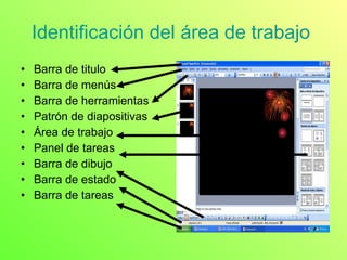 Identificación del área de trabajo  Barra de titulo  Barra de menús  Barra de herramientas  Patrón de diapositivas Área de trabajo  Panel de tareas  Barra de dibujo  Barra de estado  Barra de tareas  
