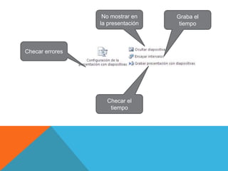 Checar errores
Graba el
tiempo
No mostrar en
la presentación
Checar el
tiempo
 