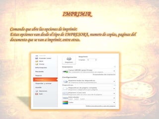 Comando que abre las opciones de imprimir:
Estas opciones van desde el tipo de IMPRESORA, numero de copias, paginas del
documento que se van a imprimir, entre otras.
 
