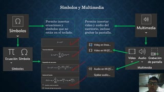 Símbolos y Multimedia
Permite insertar
ecuaciones y
símbolos que no
están en el teclado.
Permite insertar
video y audio del
escritorio, incluso
grabar la pantalla.
 