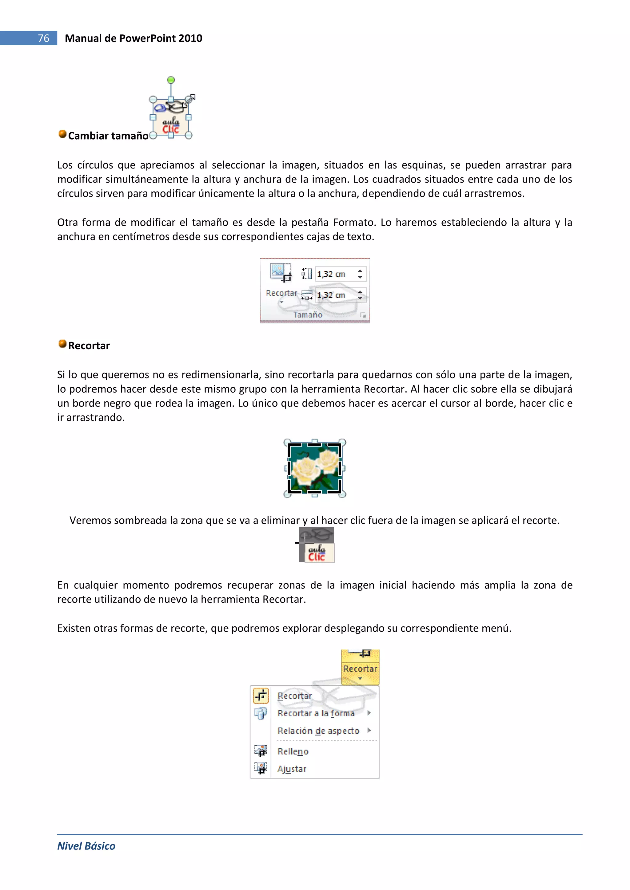 76    Manual de PowerPoint 2010




       Cambiar tamaño

     Los círculos que apreciamos al seleccionar la imagen, situados en las esquinas, se pueden arrastrar para
     modificar simultáneamente la altura y anchura de la imagen. Los cuadrados situados entre cada uno de los
     círculos sirven para modificar únicamente la altura o la anchura, dependiendo de cuál arrastremos.

     Otra forma de modificar el tamaño es desde la pestaña Formato. Lo haremos estableciendo la altura y la
     anchura en centímetros desde sus correspondientes cajas de texto.




       Recortar

     Si lo que queremos no es redimensionarla, sino recortarla para quedarnos con sólo una parte de la imagen,
     lo podremos hacer desde este mismo grupo con la herramienta Recortar. Al hacer clic sobre ella se dibujará
     un borde negro que rodea la imagen. Lo único que debemos hacer es acercar el cursor al borde, hacer clic e
     ir arrastrando.




       Veremos sombreada la zona que se va a eliminar y al hacer clic fuera de la imagen se aplicará el recorte.




     En cualquier momento podremos recuperar zonas de la imagen inicial haciendo más amplia la zona de
     recorte utilizando de nuevo la herramienta Recortar.

     Existen otras formas de recorte, que podremos explorar desplegando su correspondiente menú.




     Nivel Básico
 