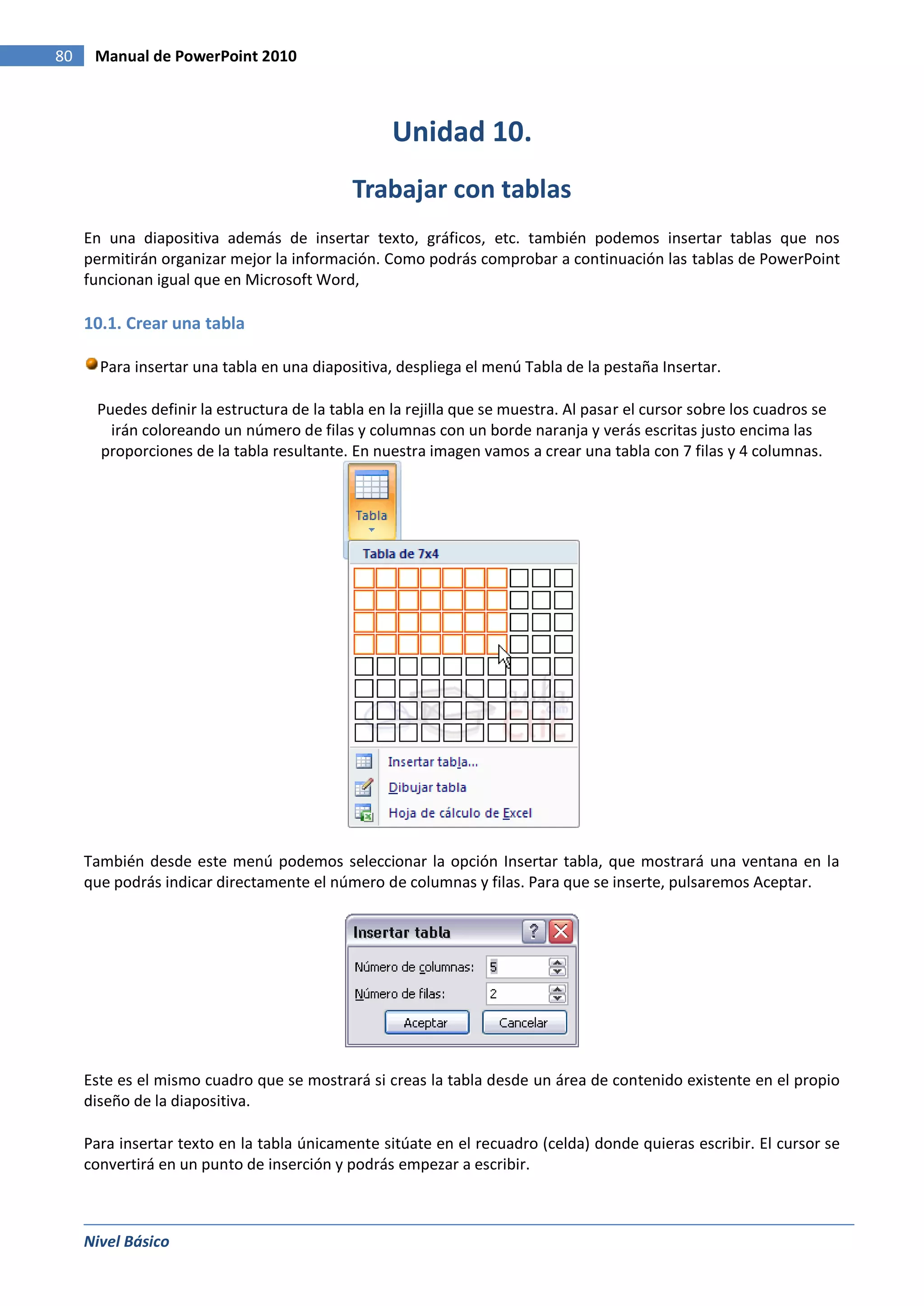 80    Manual de PowerPoint 2010



                                                  Unidad 10.
                                            Trabajar con tablas
     En una diapositiva además de insertar texto, gráficos, etc. también podemos insertar tablas que nos
     permitirán organizar mejor la información. Como podrás comprobar a continuación las tablas de PowerPoint
     funcionan igual que en Microsoft Word,

     10.1. Crear una tabla

       Para insertar una tabla en una diapositiva, despliega el menú Tabla de la pestaña Insertar.

      Puedes definir la estructura de la tabla en la rejilla que se muestra. Al pasar el cursor sobre los cuadros se
        irán coloreando un número de filas y columnas con un borde naranja y verás escritas justo encima las
      proporciones de la tabla resultante. En nuestra imagen vamos a crear una tabla con 7 filas y 4 columnas.




     También desde este menú podemos seleccionar la opción Insertar tabla, que mostrará una ventana en la
     que podrás indicar directamente el número de columnas y filas. Para que se inserte, pulsaremos Aceptar.




     Este es el mismo cuadro que se mostrará si creas la tabla desde un área de contenido existente en el propio
     diseño de la diapositiva.

     Para insertar texto en la tabla únicamente sitúate en el recuadro (celda) donde quieras escribir. El cursor se
     convertirá en un punto de inserción y podrás empezar a escribir.



     Nivel Básico
 