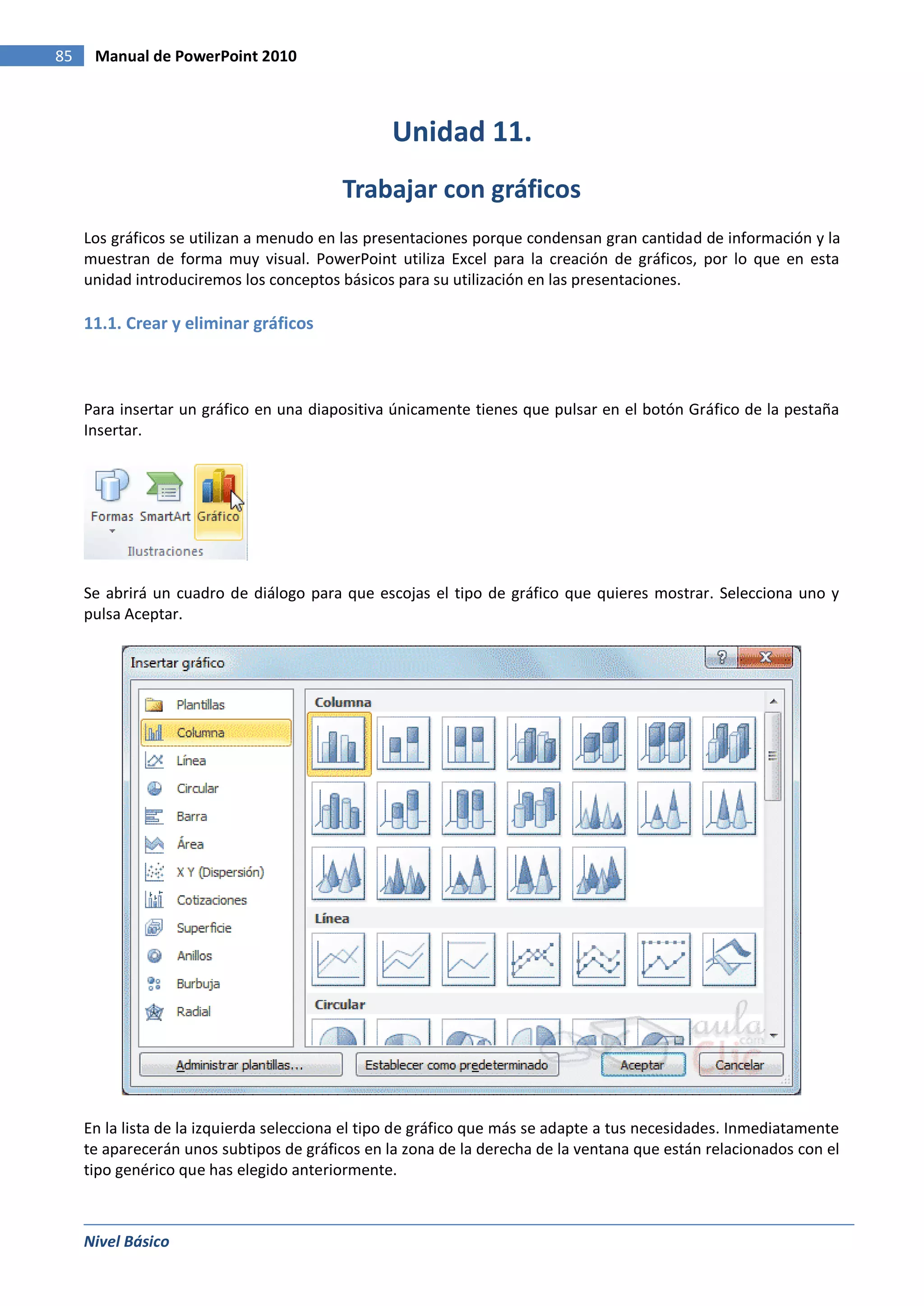 85    Manual de PowerPoint 2010



                                                 Unidad 11.
                                          Trabajar con gráficos
     Los gráficos se utilizan a menudo en las presentaciones porque condensan gran cantidad de información y la
     muestran de forma muy visual. PowerPoint utiliza Excel para la creación de gráficos, por lo que en esta
     unidad introduciremos los conceptos básicos para su utilización en las presentaciones.

     11.1. Crear y eliminar gráficos



     Para insertar un gráfico en una diapositiva únicamente tienes que pulsar en el botón Gráfico de la pestaña
     Insertar.




     Se abrirá un cuadro de diálogo para que escojas el tipo de gráfico que quieres mostrar. Selecciona uno y
     pulsa Aceptar.




     En la lista de la izquierda selecciona el tipo de gráfico que más se adapte a tus necesidades. Inmediatamente
     te aparecerán unos subtipos de gráficos en la zona de la derecha de la ventana que están relacionados con el
     tipo genérico que has elegido anteriormente.



     Nivel Básico
 