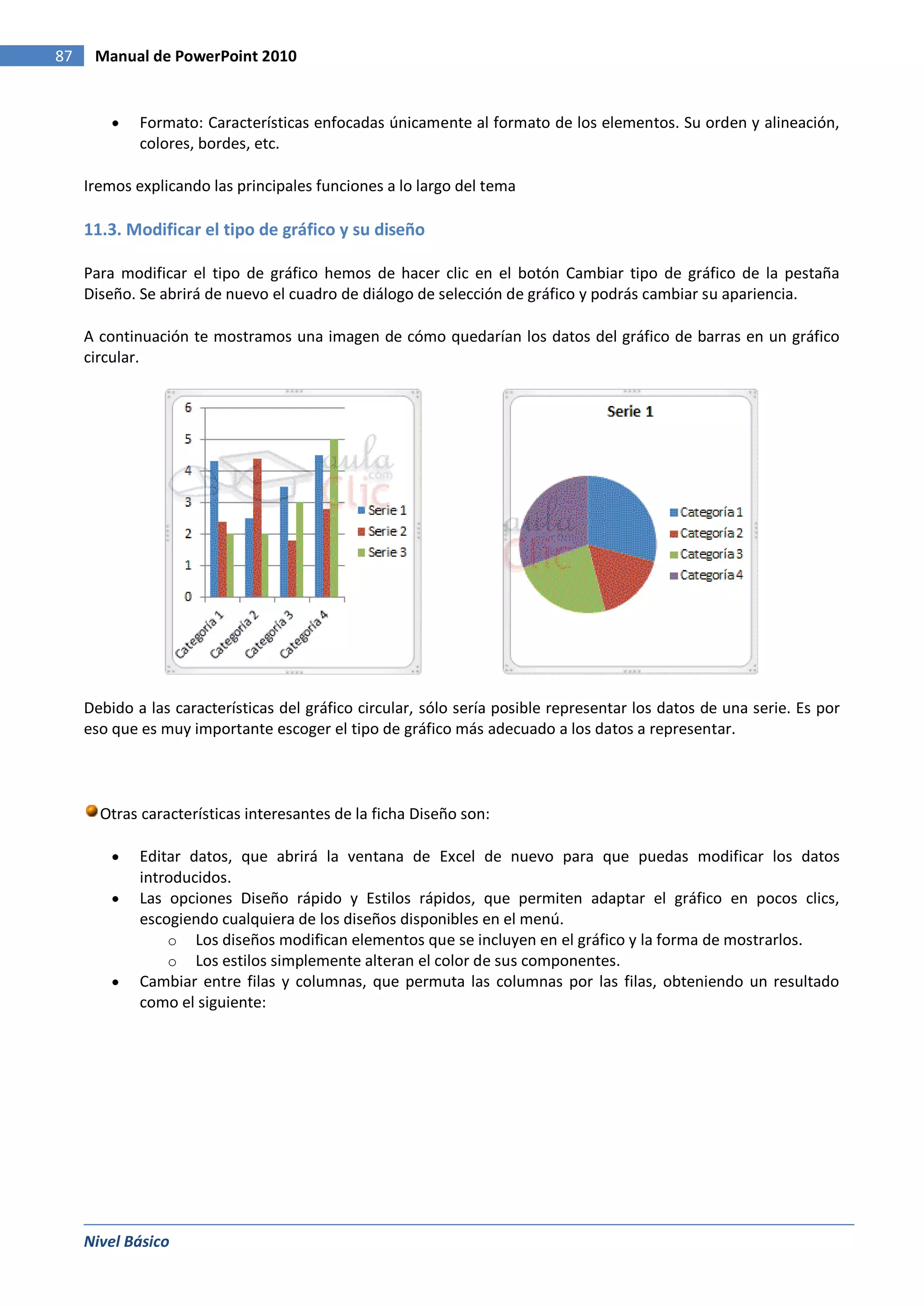 87    Manual de PowerPoint 2010


             Formato: Características enfocadas únicamente al formato de los elementos. Su orden y alineación,
             colores, bordes, etc.

     Iremos explicando las principales funciones a lo largo del tema

     11.3. Modificar el tipo de gráfico y su diseño

     Para modificar el tipo de gráfico hemos de hacer clic en el botón Cambiar tipo de gráfico de la pestaña
     Diseño. Se abrirá de nuevo el cuadro de diálogo de selección de gráfico y podrás cambiar su apariencia.

     A continuación te mostramos una imagen de cómo quedarían los datos del gráfico de barras en un gráfico
     circular.




     Debido a las características del gráfico circular, sólo sería posible representar los datos de una serie. Es por
     eso que es muy importante escoger el tipo de gráfico más adecuado a los datos a representar.



       Otras características interesantes de la ficha Diseño son:

             Editar datos, que abrirá la ventana de Excel de nuevo para que puedas modificar los datos
             introducidos.
             Las opciones Diseño rápido y Estilos rápidos, que permiten adaptar el gráfico en pocos clics,
             escogiendo cualquiera de los diseños disponibles en el menú.
                 o Los diseños modifican elementos que se incluyen en el gráfico y la forma de mostrarlos.
                 o Los estilos simplemente alteran el color de sus componentes.
             Cambiar entre filas y columnas, que permuta las columnas por las filas, obteniendo un resultado
             como el siguiente:




     Nivel Básico
 