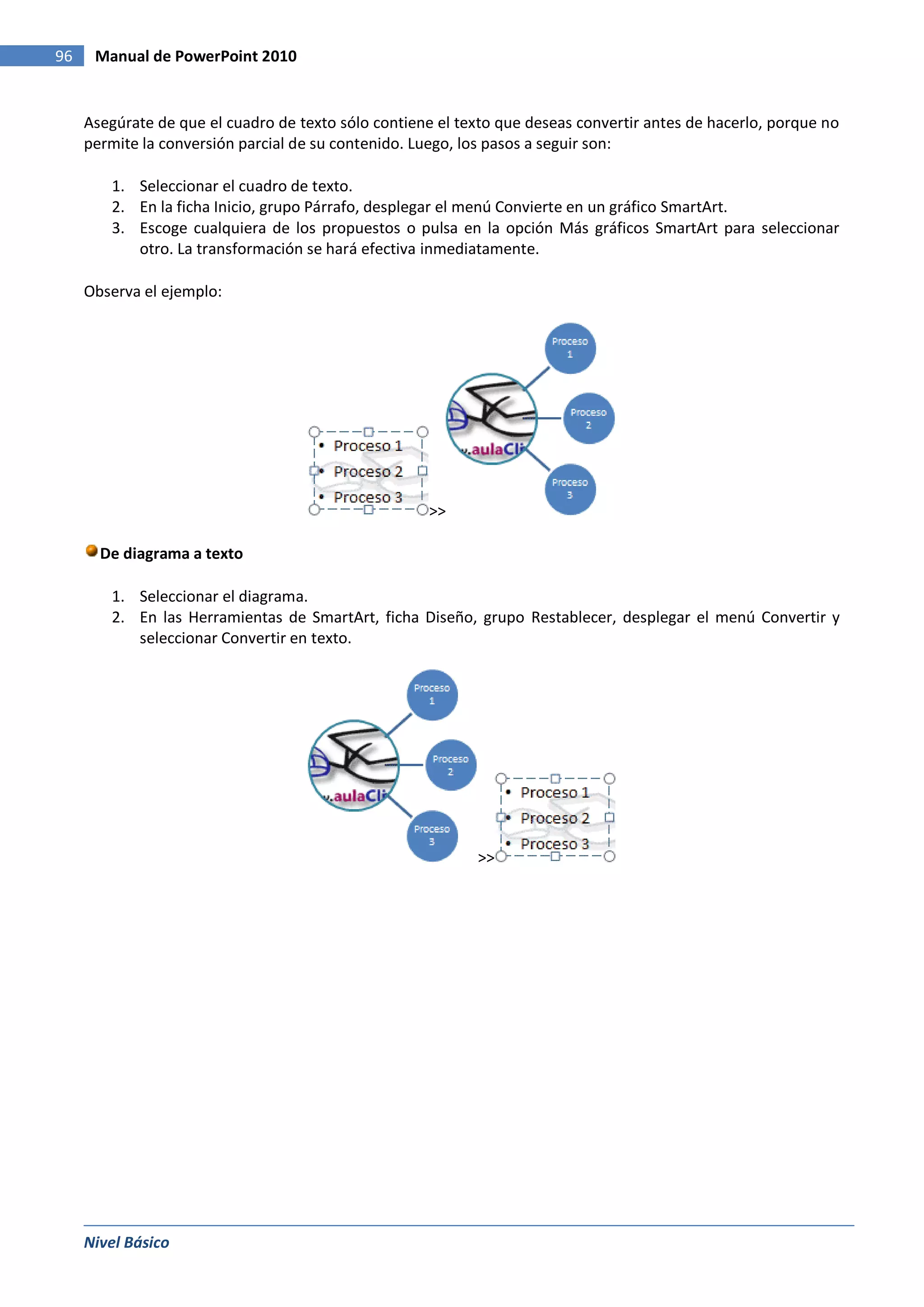 96    Manual de PowerPoint 2010


     Asegúrate de que el cuadro de texto sólo contiene el texto que deseas convertir antes de hacerlo, porque no
     permite la conversión parcial de su contenido. Luego, los pasos a seguir son:

        1. Seleccionar el cuadro de texto.
        2. En la ficha Inicio, grupo Párrafo, desplegar el menú Convierte en un gráfico SmartArt.
        3. Escoge cualquiera de los propuestos o pulsa en la opción Más gráficos SmartArt para seleccionar
           otro. La transformación se hará efectiva inmediatamente.

     Observa el ejemplo:




                                                     >>

       De diagrama a texto

        1. Seleccionar el diagrama.
        2. En las Herramientas de SmartArt, ficha Diseño, grupo Restablecer, desplegar el menú Convertir y
           seleccionar Convertir en texto.




                                                            >>




     Nivel Básico
 