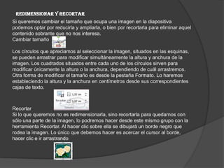 REDIMENSIONAR Y RECORTAR
Si queremos cambiar el tamaño que ocupa una imagen en la diapositiva
podemos optar por reducirla y ampliarla, o bien por recortarla para eliminar aquel
contenido sobrante que no nos interesa.
Cambiar tamaño
Los círculos que apreciamos al seleccionar la imagen, situados en las esquinas,
se pueden arrastrar para modificar simultáneamente la altura y anchura de la
imagen. Los cuadrados situados entre cada uno de los círculos sirven para
modificar únicamente la altura o la anchura, dependiendo de cuál arrastremos.
Otra forma de modificar el tamaño es desde la pestaña Formato. Lo haremos
estableciendo la altura y la anchura en centímetros desde sus correspondientes
cajas de texto.
Recortar
Si lo que queremos no es redimensionarla, sino recortarla para quedarnos con
sólo una parte de la imagen, lo podremos hacer desde este mismo grupo con la
herramienta Recortar. Al hacer clic sobre ella se dibujará un borde negro que
rodea la imagen. Lo único que debemos hacer es acercar el cursor al borde,
hacer clic e ir arrastrando
 