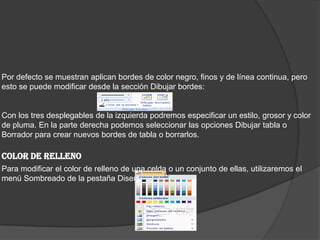 Por defecto se muestran aplican bordes de color negro, finos y de línea continua, pero
esto se puede modificar desde la sección Dibujar bordes:
Con los tres desplegables de la izquierda podremos especificar un estilo, grosor y color
de pluma. En la parte derecha podemos seleccionar las opciones Dibujar tabla o
Borrador para crear nuevos bordes de tabla o borrarlos.
COLOR DE RELLENO
Para modificar el color de relleno de una celda o un conjunto de ellas, utilizaremos el
menú Sombreado de la pestaña Diseño
 