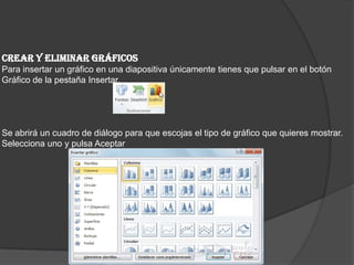 CREAR Y ELIMINAR GRÁFICOS
Para insertar un gráfico en una diapositiva únicamente tienes que pulsar en el botón
Gráfico de la pestaña Insertar.
Se abrirá un cuadro de diálogo para que escojas el tipo de gráfico que quieres mostrar.
Selecciona uno y pulsa Aceptar
 
