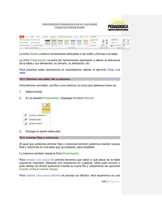 UNIVERSIDAD PEDAGOGICA DE EL SALVADOR 
CURSO DE POWER POINT 
100 | P á g i n a 
La ficha Diseño contiene herramientas dedicadas a dar estilo y formato a la tabla. 
La ficha Presentación muestra las herramientas dedicadas a alterar la estructura de la tabla y sus elementos: su tamaño, su alineación, etc. 
Para practicar estas operaciones te aconsejamos realizar el ejercicio Crear una tabla 10.2. Eliminar una tabla, fila o columna 
Para eliminar una tabla, una fila o una columna, lo único que debemos hacer es: 
1. Seleccionarla. 
2. En la pestaña Presentación, desplegar el menú Eliminar. 
3. Escoger la opción adecuada. 10.3. Insertar filas o columnas 
Al igual que podemos eliminar filas y columnas también podemos insertar nuevas filas o columnas en una tabla que ya existente, para ampliarla. 
Lo haremos también desde la ficha Presentación. 
Para insertar una nueva fila primero tenemos que saber a qué altura de la tabla queremos insertarla. Después nos situaremos en cualquier celda justo encima o justo debajo de donde queremos insertar la nueva fila y utilizaremos las opciones Insertar arriba o Insertar debajo. 
Para insertar una nueva columna el proceso es idéntico. Nos situaremos en una  