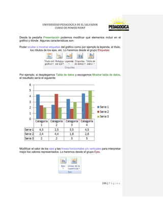 UNIVERSIDAD PEDAGOGICA DE EL SALVADOR 
CURSO DE POWER POINT 
106 | P á g i n a 
Desde la pestaña Presentación podemos modificar qué elementos incluir en el gráfico y dónde. Algunas características son: 
Poder ocultar o mostrar etiquetas del gráfico como por ejemplo la leyenda, el título, los rótulos de los ejes, etc. Lo haremos desde el grupo Etiquetas: 
Por ejemplo, si desplegamos Tabla de datos y escogemos Mostrar tabla de datos, el resultado sería el siguiente: 
Modificar el valor de los ejes y las líneas horizontales y/o verticales para interpretar mejor los valores representados. Lo haremos desde el grupo Ejes. 
 