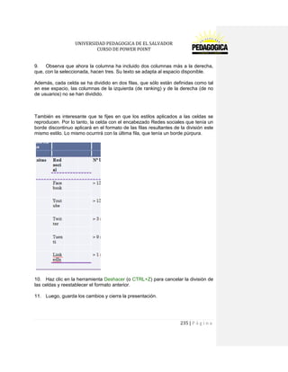 UNIVERSIDAD PEDAGOGICA DE EL SALVADOR 
CURSO DE POWER POINT 
235 | P á g i n a 
9. Observa que ahora la columna ha incluido dos columnas más a la derecha, que, con la seleccionada, hacen tres. Su texto se adapta al espacio disponible. 
Además, cada celda se ha dividido en dos filas, que sólo están definidas como tal en ese espacio, las columnas de la izquierda (de ranking) y de la derecha (de no de usuarios) no se han dividido. 
También es interesante que te fijes en que los estilos aplicados a las celdas se reproducen. Por lo tanto, la celda con el encabezado Redes sociales que tenía un borde discontinuo aplicará en el formato de las filas resultantes de la división este mismo estilo. Lo mismo ocurrirá con la última fila, que tenía un borde púrpura. 
10. Haz clic en la herramienta Deshacer (o CTRL+Z) para cancelar la división de las celdas y reestablecer el formato anterior. 
11. Luego, guarda los cambios y cierra la presentación. 
 