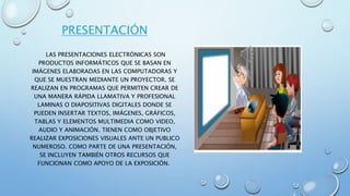 PRESENTACIÓN
LAS PRESENTACIONES ELECTRÓNICAS SON
PRODUCTOS INFORMÁTICOS QUE SE BASAN EN
IMÁGENES ELABORADAS EN LAS COMPUTADORAS Y
QUE SE MUESTRAN MEDIANTE UN PROYECTOR. SE
REALIZAN EN PROGRAMAS QUE PERMITEN CREAR DE
UNA MANERA RÁPIDA LLAMATIVA Y PROFESIONAL
LAMINAS O DIAPOSITIVAS DIGITALES DONDE SE
PUEDEN INSERTAR TEXTOS, IMÁGENES, GRÁFICOS,
TABLAS Y ELEMENTOS MULTIMEDIA COMO VIDEO,
AUDIO Y ANIMACIÓN. TIENEN COMO OBJETIVO
REALIZAR EXPOSICIONES VISUALES ANTE UN PUBLICO
NUMEROSO. COMO PARTE DE UNA PRESENTACIÓN,
SE INCLUYEN TAMBIÉN OTROS RECURSOS QUE
FUNCIONAN COMO APOYO DE LA EXPOSICIÓN.
 