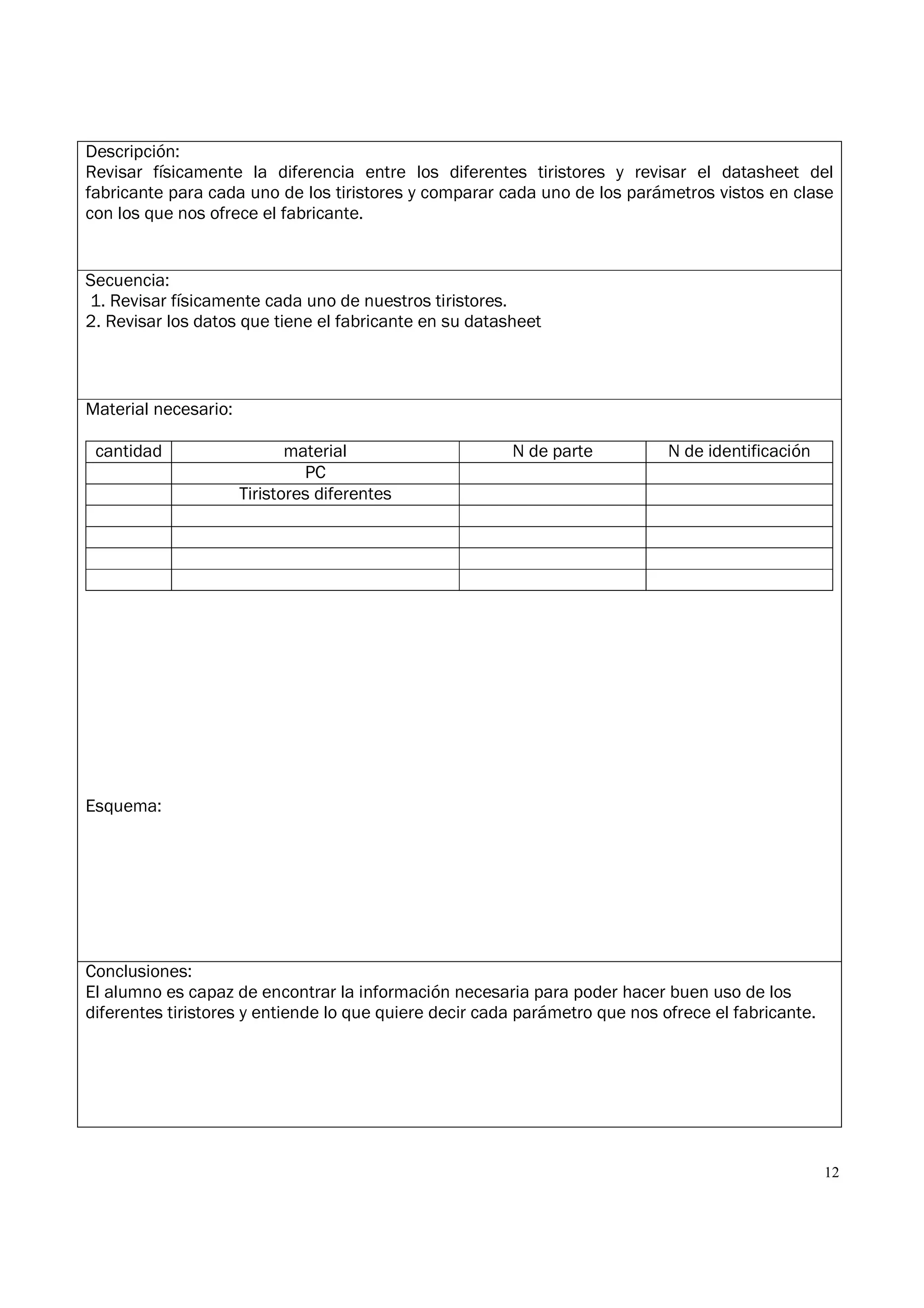 12
Descripción:
Revisar físicamente la diferencia entre los diferentes tiristores y revisar el datasheet del
fabricante para cada uno de los tiristores y comparar cada uno de los parámetros vistos en clase
con los que nos ofrece el fabricante.
Secuencia:
1. Revisar físicamente cada uno de nuestros tiristores.
2. Revisar los datos que tiene el fabricante en su datasheet
Material necesario:
cantidad material N de parte N de identificación
PC
Tiristores diferentes
Esquema:
Conclusiones:
El alumno es capaz de encontrar la información necesaria para poder hacer buen uso de los
diferentes tiristores y entiende lo que quiere decir cada parámetro que nos ofrece el fabricante.
 
