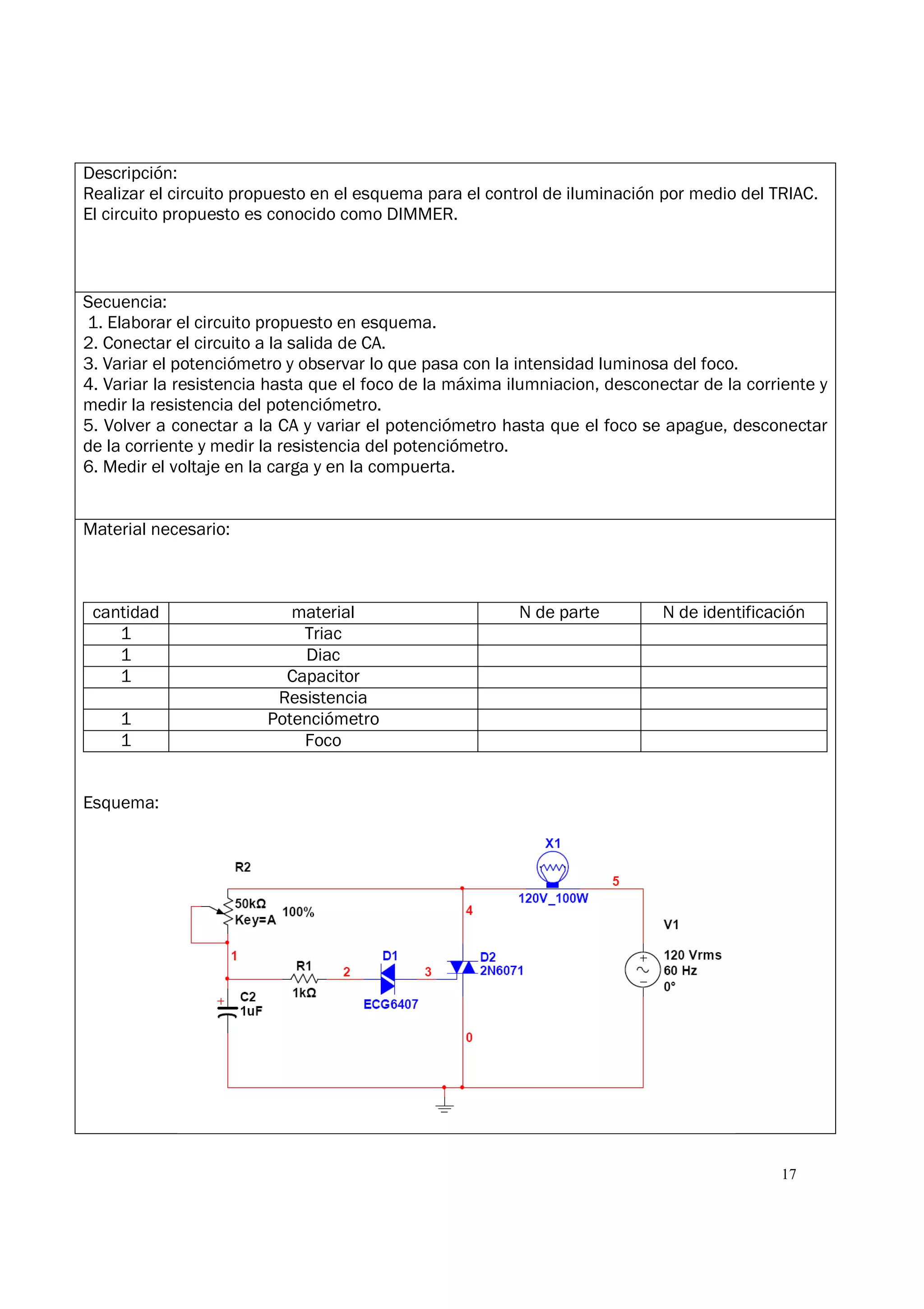 17
Descripción:
Realizar el circuito propuesto en el esquema para el control de iluminación por medio del TRIAC.
El circuito propuesto es conocido como DIMMER.
Secuencia:
1. Elaborar el circuito propuesto en esquema.
2. Conectar el circuito a la salida de CA.
3. Variar el potenciómetro y observar lo que pasa con la intensidad luminosa del foco.
4. Variar la resistencia hasta que el foco de la máxima ilumniacion, desconectar de la corriente y
medir la resistencia del potenciómetro.
5. Volver a conectar a la CA y variar el potenciómetro hasta que el foco se apague, desconectar
de la corriente y medir la resistencia del potenciómetro.
6. Medir el voltaje en la carga y en la compuerta.
Material necesario:
cantidad material N de parte N de identificación
1 Triac
1 Diac
1 Capacitor
Resistencia
1 Potenciómetro
1 Foco
Esquema:
 