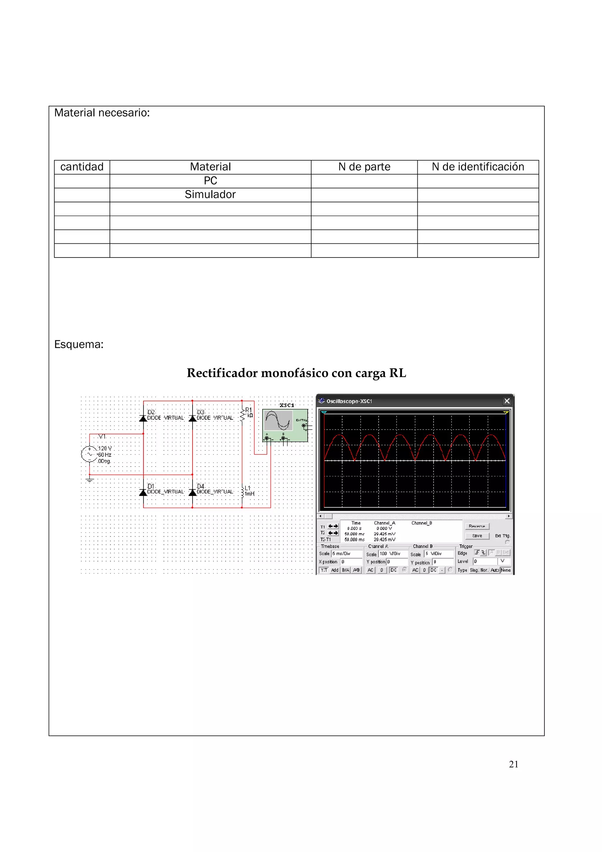 21
Material necesario:
cantidad Material N de parte N de identificación
PC
Simulador
Esquema:
Rectificador monofásico con carga RL
 