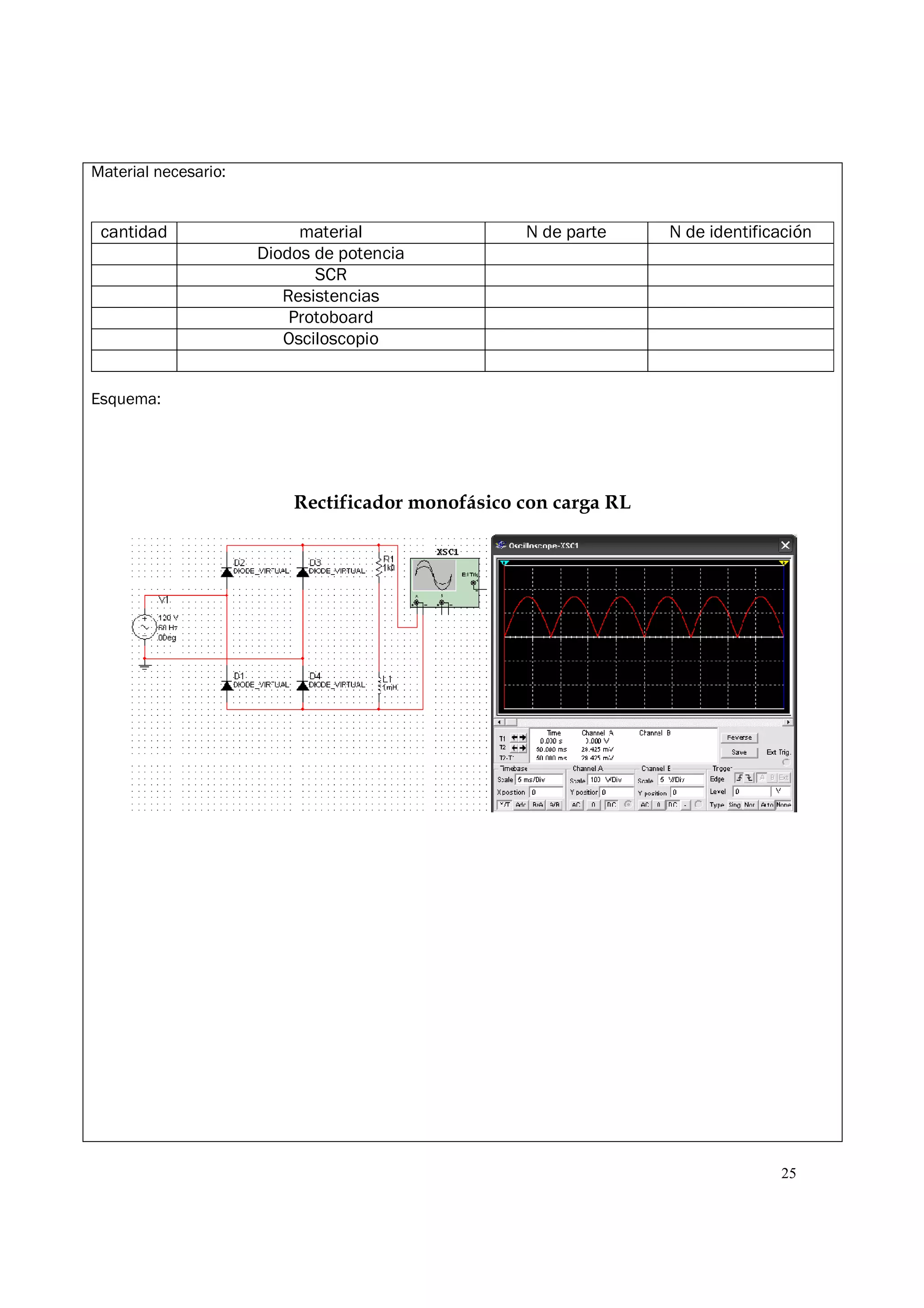 25
Material necesario:
cantidad material N de parte N de identificación
Diodos de potencia
SCR
Resistencias
Protoboard
Osciloscopio
Esquema:
Rectificador monofásico con carga RL
 