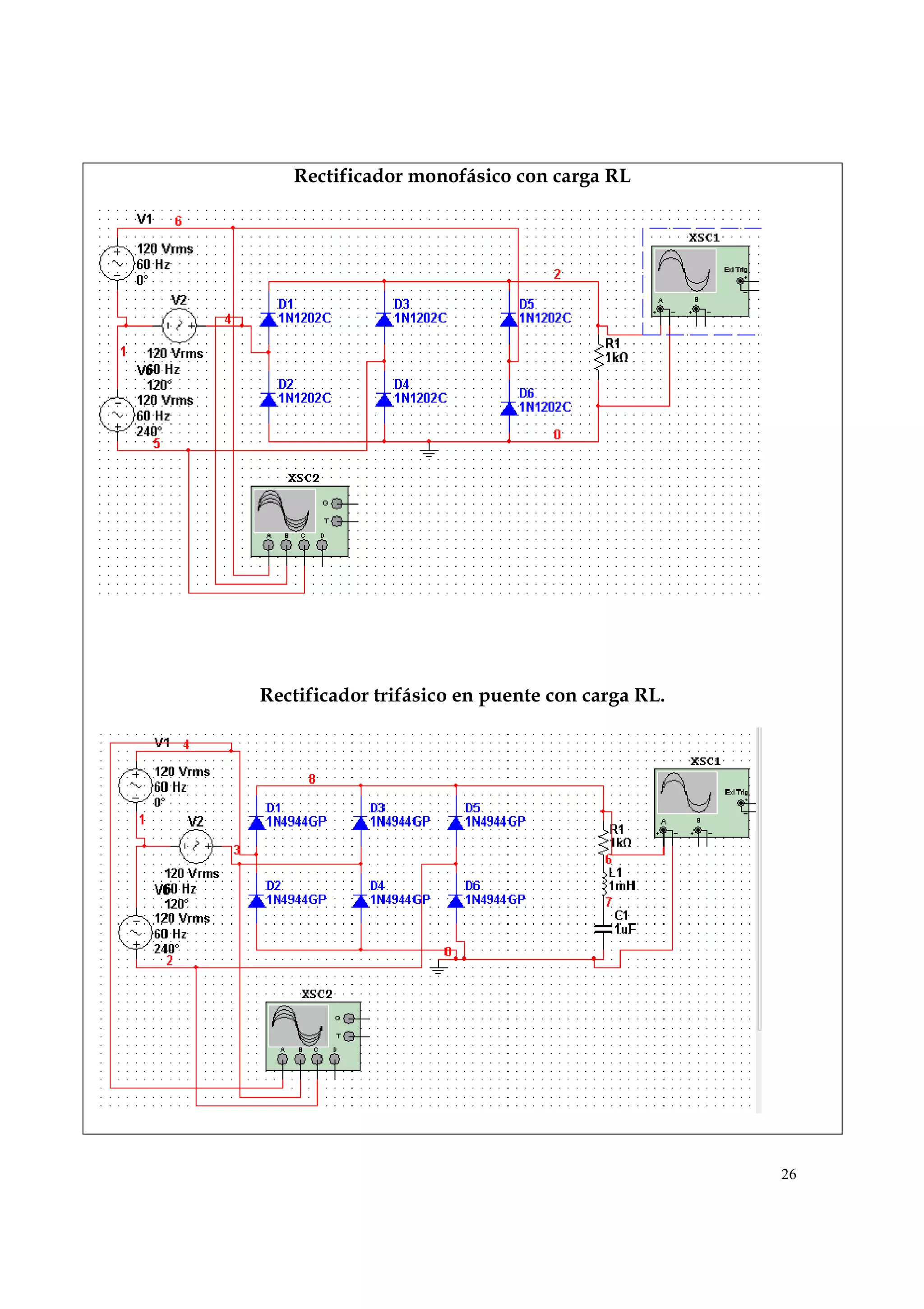 26
Rectificador monofásico con carga RL
Rectificador trifásico en puente con carga RL.
 