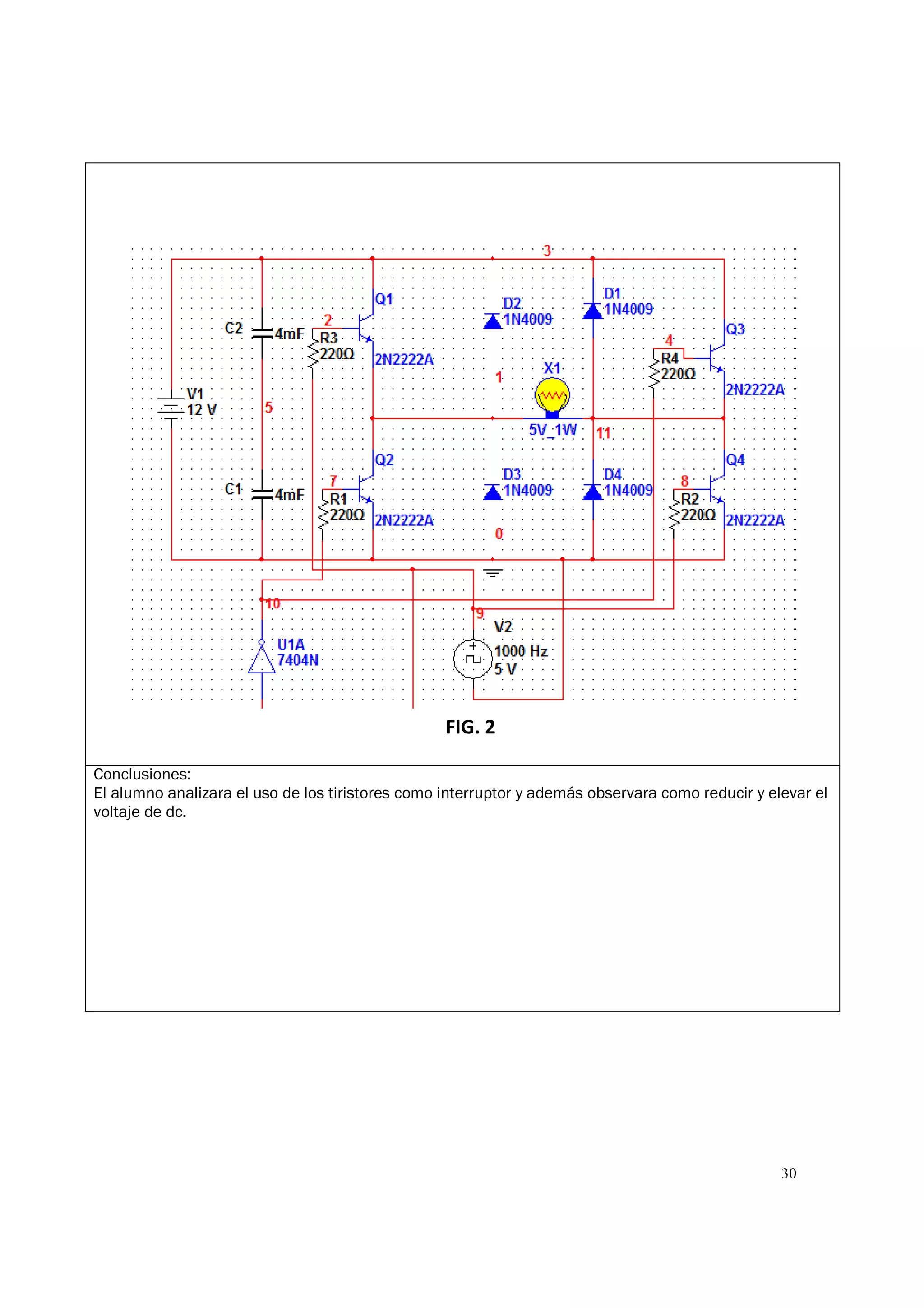 30
Conclusiones:
El alumno analizara el uso de los tiristores como interruptor y además observara como reducir y elevar el
voltaje de dc.
FIG. 2
 