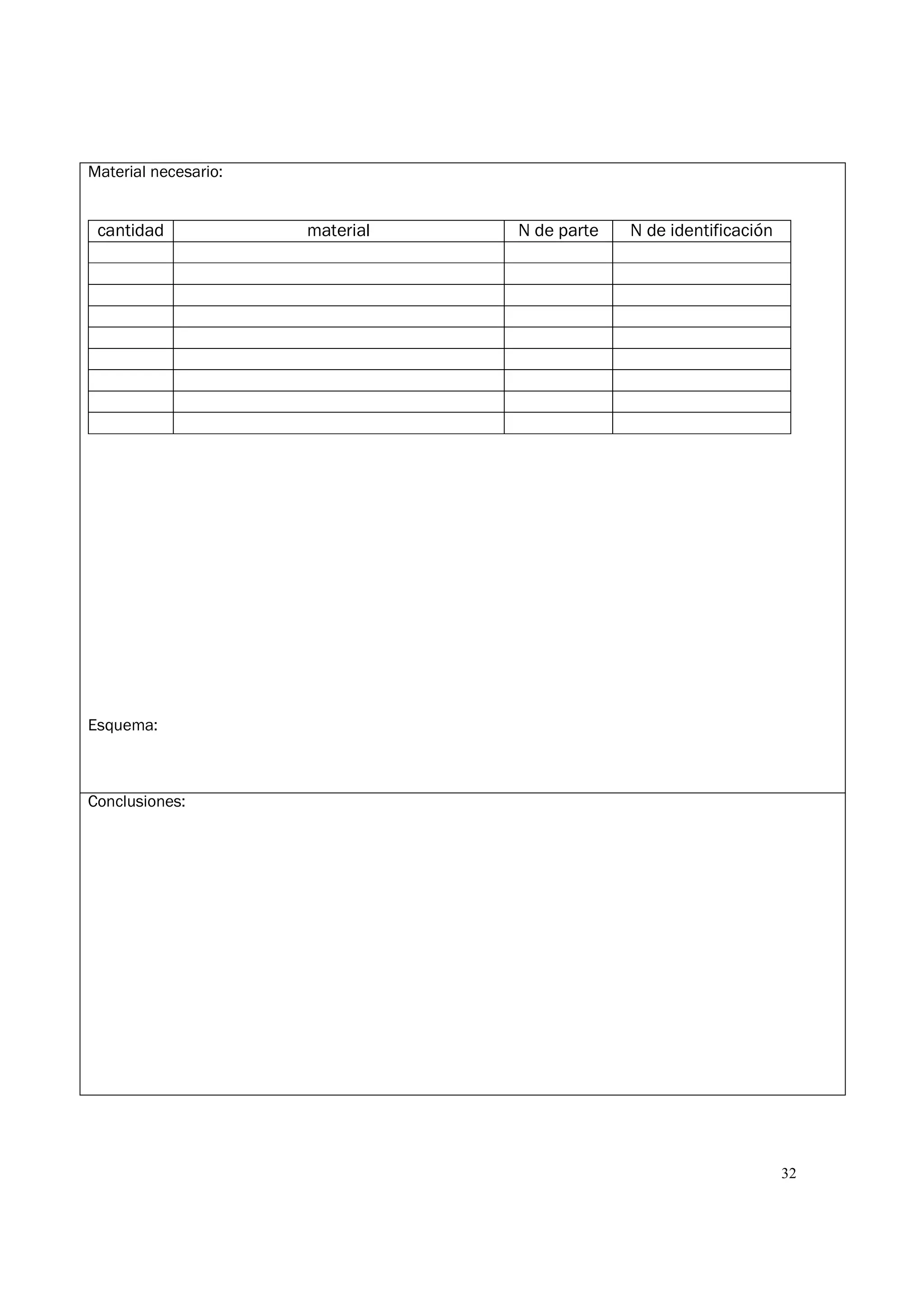 32
Material necesario:
cantidad material N de parte N de identificación
Esquema:
Conclusiones:
 