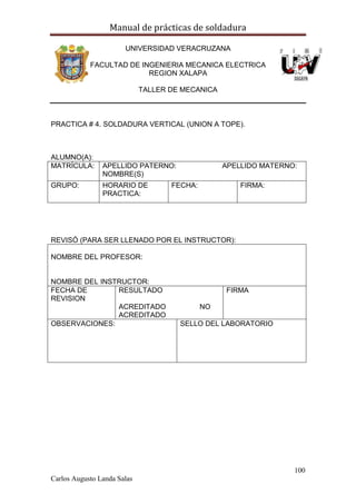 Manual de prácticas de soldadura
100
Carlos Augusto Landa Salas
UNIVERSIDAD VERACRUZANA
FACULTAD DE INGENIERIA MECANICA ELECTRICA
REGION XALAPA
TALLER DE MECANICA
PRACTICA # 4. SOLDADURA VERTICAL (UNION A TOPE).
ALUMNO(A):
MATRÍCULA: APELLIDO PATERNO: APELLIDO MATERNO:
NOMBRE(S)
GRUPO: HORARIO DE
PRACTICA:
FECHA: FIRMA:
REVISÓ (PARA SER LLENADO POR EL INSTRUCTOR):
NOMBRE DEL PROFESOR:
NOMBRE DEL INSTRUCTOR:
FECHA DE
REVISION
RESULTADO
ACREDITADO NO
ACREDITADO
FIRMA
OBSERVACIONES: SELLO DEL LABORATORIO
 