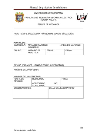 Manual de prácticas de soldadura
105
Carlos Augusto Landa Salas
UNIVERSIDAD VERACRUZANA
FACULTAD DE INGENIERIA MECANICA ELECTRICA
REGION XALAPA
TALLER DE MECANICA
PRACTICA # 5. SOLDADURA HORIZONTAL (UNION ESCUADRA).
ALUMNO(A):
MATRÍCULA: APELLIDO PATERNO: APELLIDO MATERNO:
NOMBRE(S)
GRUPO: HORARIO DE
PRACTICA:
FECHA: FIRMA:
REVISÓ (PARA SER LLENADO POR EL INSTRUCTOR):
NOMBRE DEL PROFESOR:
NOMBRE DEL INSTRUCTOR:
FECHA DE
REVISION
RESULTADO
ACREDITADO NO
ACREDITADO
FIRMA
OBSERVACIONES: SELLO DEL LABORATORIO
 