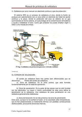 Manual de prácticas de soldadura
12
Carlos Augusto Landa Salas
3.- Soldadura por arco manual con electrodo continuo y gas de protección:
El sistema MIG es un proceso de soldadura al arco, donde la fusión se
produce por calentamiento con un arco entre un electrodo de metal de aporte
continuo y la pieza, donde la protección del arco se obtiene de un gas
suministrado en forma externa, el cual protege de la contaminación atmosférica
y ayuda a estabilizar el arco. Como gas protector se puede emplear argón o
helio o una mezcla de ambos.
Tomado de [2]
EL CORDON DE SOLDADURA:
El cordón de soldadura tiene tres partes bien diferenciadas que se
denominan Partes del cordón de soldadura.
a). Zona de soldadura: Es la zona central, que está formada
fundamentalmente por el metal de aportación.
b). Zona de penetración. Es la parte de las piezas que ha sido fundida
por los electrodos. La mayor o menor profundidad de esta zona define la
penetración de la soldadura. Una soldadura de poca penetración es una
soldadura generalmente defectuosa.
c). Zona de transición. Es la más próxima a la zona de penetración.
Esta zona, aunque no ha sufrido la fusión, sí ha soportado altas temperaturas,
que la han proporcionado un tratamiento térmico con posibles consecuencias
desfavorables, provocando tensiones internas.
 