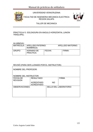 Manual de prácticas de soldadura
122
Carlos Augusto Landa Salas
UNIVERSIDAD VERACRUZANA
FACULTAD DE INGENIERIA MECANICA ELECTRICA
REGION XALAPA
TALLER DE MECANICA
PRACTICA # 3. SOLDADURA EN ANGULO HORIZONTAL (UNION
TRASLAPE).
ALUMNO(A):
MATRÍCULA: APELLIDO PATERNO: APELLIDO MATERNO:
NOMBRE(S)
GRUPO: HORARIO DE
PRACTICA:
FECHA: FIRMA:
REVISÓ (PARA SER LLENADO POR EL INSTRUCTOR):
NOMBRE DEL PROFESOR:
NOMBRE DEL INSTRUCTOR:
FECHA DE
REVISION
RESULTADO
ACREDITADO NO
ACREDITADO
FIRMA
OBSERVACIONES: SELLO DEL LABORATORIO
 