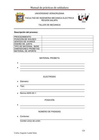 Manual de prácticas de soldadura
126
Carlos Augusto Landa Salas
UNIVERSIDAD VERACRUZANA
FACULTAD DE INGENIERIA MECANICA ELECTRICA
REGION XALAPA
TALLER DE MECANICA
Descripción del proceso:
PROCEDIMIENTO
POSICIÓN DE SOLDEO
SENTIDO DE AVANCE
DISEÑO DE JUNTA
TIPO DE MATERIAL BASE
DIMENSIONES PROBETAS
MATERIAL DE APORTE
MATERIAL PROBETA
 __________________________________________________________
__________________________________________________________
 __________________________________________________________
__________________________________________________________
ELECTRODO
 Diámetro:
__________________________________________________________
 Tipo:
__________________________________________________________
__________________________________________________________
 Norma AWS A5.1:
__________________________________________________________
POSICIÓN
 __________________________________________________________
__________________________________________________________
NÚMERO DE PASADAS
 Cordones:
________________________________________________________
Cordón único de unión.
 