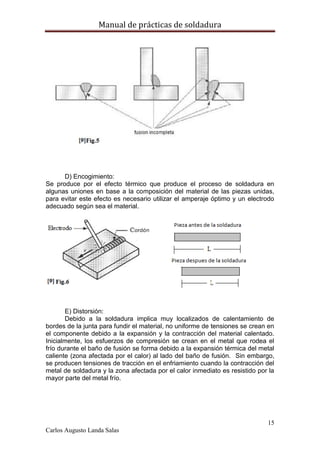 Manual de prácticas de soldadura
15
Carlos Augusto Landa Salas
D) Encogimiento:
Se produce por el efecto térmico que produce el proceso de soldadura en
algunas uniones en base a la composición del material de las piezas unidas,
para evitar este efecto es necesario utilizar el amperaje óptimo y un electrodo
adecuado según sea el material.
E) Distorsión:
Debido a la soldadura implica muy localizados de calentamiento de
bordes de la junta para fundir el material, no uniforme de tensiones se crean en
el componente debido a la expansión y la contracción del material calentado.
Inicialmente, los esfuerzos de compresión se crean en el metal que rodea el
frío durante el baño de fusión se forma debido a la expansión térmica del metal
caliente (zona afectada por el calor) al lado del baño de fusión. Sin embargo,
se producen tensiones de tracción en el enfriamiento cuando la contracción del
metal de soldadura y la zona afectada por el calor inmediato es resistido por la
mayor parte del metal frío.
 