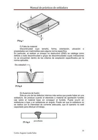 Manual de prácticas de soldadura
16
Carlos Augusto Landa Salas
F) Falta de material:
Discontinuidad cuyo tamaño, forma, orientación, ubicación o
propiedades son inadmisibles para alguna norma específica.
En particular, al realizar un ensayo no destructivo (END) se cataloga como
defecto a toda discontinuidad o grupo de discontinuidades cuyas indicaciones
no se encuentran dentro de los criterios de aceptación especificados por la
norma aplicable.
G) Ausencia de fusión:
Este es uno de los defectos internos más serios que puede haber en una
soldadura. Se produce cuando el electrodo o material de aportación fundido
cae sobre el material base sin conseguir el fundido. Puede ocurrir en
soldaduras a tope y en soldaduras en ángulo. Puede ser que la soldadura no
se realice con la intensidad de corriente adecuada, que el operario no esté
capacitado para efectuar el trabajo.
 