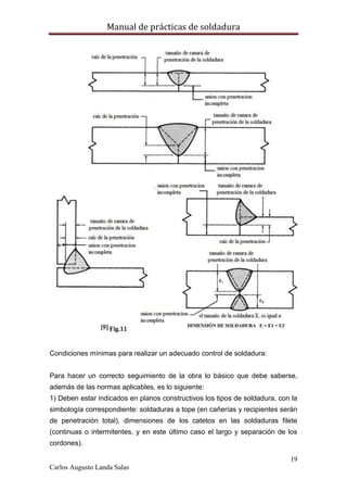 Manual de prácticas de soldadura
19
Carlos Augusto Landa Salas
Condiciones mínimas para realizar un adecuado control de soldadura:
Para hacer un correcto seguimiento de la obra lo básico que debe saberse,
además de las normas aplicables, es lo siguiente:
1) Deben estar indicados en planos constructivos los tipos de soldadura, con la
simbología correspondiente: soldaduras a tope (en cañerías y recipientes serán
de penetración total), dimensiones de los catetos en las soldaduras filete
(continuas o intermitentes, y en este último caso el largo y separación de los
cordones).
 