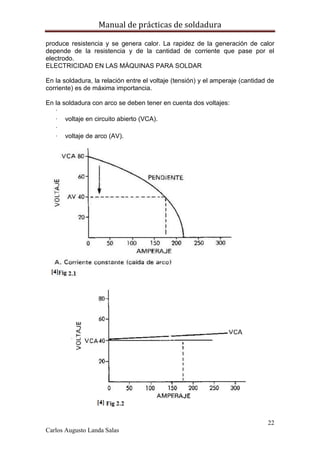 Manual de prácticas de soldadura
22
Carlos Augusto Landa Salas
produce resistencia y se genera calor. La rapidez de la generación de calor
depende de la resistencia y de la cantidad de corriente que pase por el
electrodo.
ELECTRICIDAD EN LAS MÁQUINAS PARA SOLDAR
En la soldadura, la relación entre el voltaje (tensión) y el amperaje (cantidad de
corriente) es de máxima importancia.
En la soldadura con arco se deben tener en cuenta dos voltajes:
·
· voltaje en circuito abierto (VCA).
·
· voltaje de arco (AV).
 