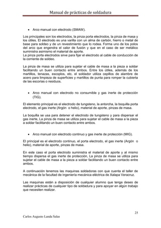 Manual de prácticas de soldadura
25
Carlos Augusto Landa Salas
 Arco manual con electrodo (SMAW).
Los principales son los electrodos, la pinza porta electrodos, la pinza de masa y
los útiles. El electrodo es una varilla con un alma de carbón, hierro o metal de
base para soldeo y de un revestimiento que lo rodea. Forma uno de los polos
del arco que engendra el calor de fusión y que en el caso de ser metálico
suministra asimismo el material de aporte.
La pinza porta electrodos sirve para fijar el electrodo al cable de conducción de
la corriente de soldeo.
La pinza de masa se utiliza para sujetar el cable de masa a la pieza a soldar
facilitando un buen contacto entre ambos. Entre los útiles, además de los
martillos, tenazas, escoplos, etc. el soldador utiliza cepillos de alambre de
acero para limpieza de superficies y martillos de punta para romper la cubierta
de las escorias o residuos.
 Arco manual con electrodo no consumible y gas inerte de protección
(TIG).
El elemento principal es el electrodo de tungsteno, la antorcha, la boquilla porta
electrodo, el gas inerte (Argón o helio), material de aporte, pinzas de masa.
La boquilla se usa para detener el electrodo de tungsteno y para dispersar el
gas inerte, La pinza de masa se utiliza para sujetar el cable de masa a la pieza
a soldar facilitando un buen contacto entre ambos.
 Arco manual con electrodo continuo y gas inerte de protección (MIG).
El principal es el electrodo continuo, el porta electrodo, el gas inerte (Argón o
helio), material de aporte, pinzas de masa.
En este caso el porta electrodo suministra el material de aporte y al mismo
tiempo dispersa el gas inerte de protección, La pinza de masa se utiliza para
sujetar el cable de masa a la pieza a soldar facilitando un buen contacto entre
ambos.
A continuación tenemos las maquinas soldadoras con que cuenta el taller de
mecánica de la facultad de ingeniería mecánica eléctrica de Xalapa Veracruz.
Las maquinas están a disposición de cualquier alumno que tenga deseo de
realizar prácticas de cualquier tipo de soldadura y para apoyar en algún trabajo
que necesiten realizar.
 
