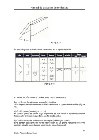 Manual de prácticas de soldadura
47
Carlos Augusto Landa Salas
[6] Fig.3.17
La simbología de soldaduras se representa en la siguiente tabla.
[4] Fig.3.18
CLASIFICACIÓN DE LOS CORDONES DE SOLDADURA
Los cordones de soldadura se pueden clasificar:
· Por la posición del cordón de soldadura durante la operación de soldar (figura
19)
a) Cordón plano (se designa con H):
El cordón plano es aquel cuya superficie es horizontal o aproximadamente
horizontal y el metal de aporte se vierte desde arriba.
b) Cordón horizontal u horizontal en ángulo (se designa por C):
Este cordón está formado por la intersección de un plano horizontal con otro
vertical, situado sobre la cara superior del plano horizontal.
 