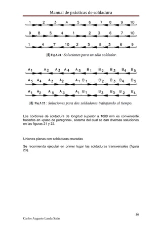 Manual de prácticas de soldadura
50
Carlos Augusto Landa Salas
Los cordones de soldadura de longitud superior a 1000 mm es conveniente
hacerlos en «paso de peregrino», sistema del cual se dan diversas soluciones
en las figuras 21 y 22.
Uniones planas con soldaduras cruzadas
Se recomienda ejecutar en primer lugar las soldaduras transversales (figura
23).
 