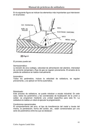 Manual de prácticas de soldadura
61
Carlos Augusto Landa Salas
En la siguiente figura se indican los elementos más importantes que intervienen
en el proceso:
El proceso puede ser:
Semiautomático:
La tensión de arco (voltaje), velocidad de alimentación del alambre, intensidad
de corriente (amperaje) y flujo de gas se regulan previamente. El arrastre de la
pistola de soldadura se realiza manualmente.
Automático:
Todos los parámetros, incluso la velocidad de soldadura, se regulan
previamente, y se aplican en forma automática.
Robotizado:
Este proceso de soldadura, se puede robotizar a escala industrial. En este
caso, todos los parámetros y las coordenadas de localización de la unión a
soldar; se programan mediante una unidad específica para este fin. La
soldadura la realiza un robot al ejecutar la programación.
Condiciones operacionales.
El comportamiento del arco, el tipo de transferencia del metal a través del
mismo, la penetración, forma del cordón, etc., están condicionados por una
serie de parámetros entre los que se destacan:
 
