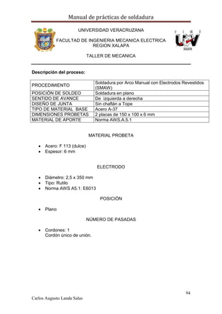 Manual de prácticas de soldadura
94
Carlos Augusto Landa Salas
UNIVERSIDAD VERACRUZANA
FACULTAD DE INGENIERIA MECANICA ELECTRICA
REGION XALAPA
TALLER DE MECANICA
Descripción del proceso:
PROCEDIMIENTO
Soldadura por Arco Manual con Electrodos Revestidos
(SMAW)
POSICIÓN DE SOLDEO Soldadura en plano
SENTIDO DE AVANCE De izquierda a derecha
DISEÑO DE JUNTA Sin chaflán a Tope
TIPO DE MATERIAL BASE Acero A-37
DIMENSIONES PROBETAS 2 placas de 150 x 100 x 6 mm
MATERIAL DE APORTE Norma AWS.A.5.1
MATERIAL PROBETA
 Acero: F 113 (dulce)
 Espesor: 6 mm
ELECTRODO
 Diámetro: 2,5 x 350 mm
 Tipo: Rutilo
 Norma AWS A5.1: E6013
POSICIÓN
 Plano
NÚMERO DE PASADAS
 Cordones: 1
Cordón único de unión.
 