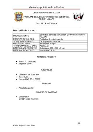 Manual de prácticas de soldadura
99
Carlos Augusto Landa Salas
UNIVERSIDAD VERACRUZANA
FACULTAD DE INGENIERIA MECANICA ELECTRICA
REGION XALAPA
TALLER DE MECANICA
Descripción del proceso:
PROCEDIMIENTO
Soldadura por Arco Manual con Electrodos Revestidos
(SMAW)
POSICIÓN DE SOLDEO Soldadura ángulo horizontal
SENTIDO DE AVANCE De izquierda a derecha
DISEÑO DE JUNTA Sin chaflán a Tope
TIPO DE MATERIAL BASE Acero A-37
DIMENSIONES PROBETAS 2 placas de 150 x 100 x 6 mm
MATERIAL DE APORTE Norma AWS.A.5.1
MATERIAL PROBETA
 Acero: F 113 (dulce)
 Espesor: 6 mm
ELECTRODO
 Diámetro: 2,5 x 350 mm
 Tipo: Rutilo
 Norma AWS A5.1: E6013
POSICIÓN
 Angulo horizontal
NÚMERO DE PASADAS
 Cordones: 1
Cordón único de unión.
 