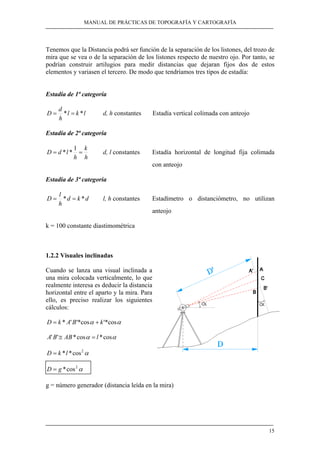 MANUAL DE PRÁCTICAS DE TOPOGRAFÍA Y CARTOGRAFÍA 
Tenemos que la Distancia podrá ser función de la separación de los listones, del trozo de 
mira que se vea o de la separación de los listones respecto de nuestro ojo. Por tanto, se 
podrían construir artilugios para medir distancias que dejaran fijos dos de estos 
elementos y variasen el tercero. De modo que tendríamos tres tipos de estadía: 
D = d *l * 1 = d, l constantes Estadía horizontal de longitud fija colimada 
D = l * = * l, h constantes Estadímetro o distanciómetro, no utilizan 
15 
Estadía de 1ª categoría 
D = d * = * d, h constantes Estadía vertical colimada con anteojo 
l k l 
h 
Estadía de 2ª categoría 
k 
h 
h 
con anteojo 
Estadía de 3ª categoría 
d k d 
h 
anteojo 
k = 100 constante diastimométrica 
1.2.2 Visuales inclinadas 
Cuando se lanza una visual inclinada a 
una mira colocada verticalmente, lo que 
realmente interesa es deducir la distancia 
horizontal entre el aparto y la mira. Para 
ello, es preciso realizar los siguientes 
cálculos: 
D = k * A'B'*cosα + k'*cosα 
A'B'≅ AB*cosα = l *cosα 
D = k *l *cos2α 
D = g *cos2α 
g = número generador (distancia leída en la mira) 
 