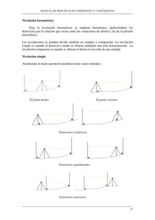 MANUAL DE PRÁCTICAS DE TOPOGRAFÍA Y CARTOGRAFÍA 
21 
Nivelación barométrica 
Para la nivelación barométrica se emplean barómetros, deduciéndose los 
desniveles por la relación que existe entre las variaciones de altitud y las de la presión 
atmosférica. 
Las nivelaciones se pueden dividir también en simples y compuestas. La nivelación 
simple es cuando el desnivel a medir se obtiene mediante una sola determinación. La 
nivelación compuesta es cuando se obtiene el desnivel con más de una medida. 
Nivelación simple 
Atendiendo al modo operatorio podemos tener varios métodos: 
El punto medio El punto extremo 
Estaciones recíprocas 
Estaciones equidistantes 
Estaciones exteriores 
 