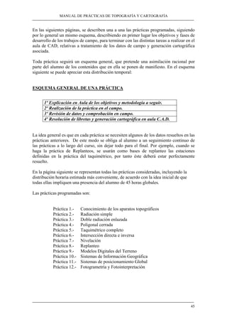 MANUAL DE PRÁCTICAS DE TOPOGRAFÍA Y CARTOGRAFÍA 
En las siguientes páginas, se describen una a una las prácticas programadas, siguiendo 
por lo general un mismo esquema, describiendo en primer lugar los objetivos y fases de 
desarrollo de los trabajos de campo, para terminar con las distintas tareas a realizar en el 
aula de CAD, relativas a tratamiento de los datos de campo y generación cartográfica 
asociada. 
Toda práctica seguirá un esquema general, que pretende una asimilación racional por 
parte del alumno de los contenidos que en ella se ponen de manifiesto. En el esquema 
siguiente se puede apreciar esta distribución temporal: 
45 
ESQUEMA GENERAL DE UNA PRÁCTICA 
1º Explicación en Aula de los objetivos y metodología a seguir. 
2º Realización de la práctica en el campo. 
3º Revisión de datos y comprobación en campo. 
4º Resolución de libretas y generación cartográfica en aula C.A.D. 
La idea general es que en cada práctica se necesiten algunos de los datos resueltos en las 
prácticas anteriores. De este modo se obliga al alumno a un seguimiento continuo de 
las prácticas a lo largo del curso, sin dejar todo para el final. Por ejemplo, cuando se 
haga la práctica de Replanteos, se usarán como bases de replanteo las estaciones 
definidas en la práctica del taquimétrico, por tanto éste deberá estar perfectamente 
resuelto. 
En la página siguiente se representan todas las prácticas consideradas, incluyendo la 
distribución horaria estimada más conveniente, de acuerdo con la idea inicial de que 
todas ellas impliquen una presencia del alumno de 45 horas globales. 
Las prácticas programadas son: 
Práctica 1.- Conocimiento de los aparatos topográficos 
Práctica 2.- Radiación simple 
Práctica 3.- Doble radiación enlazada 
Práctica 4.- Poligonal cerrada 
Práctica 5.- Taquimétrico completo 
Práctica 6.- Intersección directa e inversa 
Práctica 7.- Nivelación 
Práctica 8.- Replanteo 
Práctica 9.- Modelos Digitales del Terreno 
Práctica 10.- Sistemas de Información Geográfica 
Práctica 11.- Sistemas de posicionamiento Global 
Práctica 12.- Fotogrametría y Fotointerpretación 
 