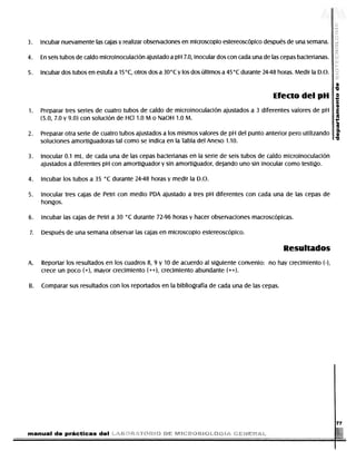 3.      Incubar nuevamente las cajas y realizar observaciones en microscopio estereoscópico después de una semana.

                4.      En seis tubos de caldo microinoculación ajustado a pH 7.0, inocular dos con cada una de las cepas bacterianas.

                5.      Incubar dos tubos en estufa a 15°C, otros dos a 30°C y los dos últimos a 45°C durante 24-48 horas. Medir la D.O.



                                                                                                                                                                    Efecto del pH
                 1.     Preparar tres series de cuatro tubos de caldo de microinoculación ajustados a 3 diferentes valores de pH
                        (5.0, 7.0 y 9.0) con solución de HC11.0 M o NaOH 1.0 M.
                                                                                                                                                                                                         i
                 2.     Preparar otra serie de cuatro tubos ajustados a los mismos valores de pH del punto anterior pero utilizando                                                                       a
                        soluciones amortiguadoras tal como se indica en la Tabla del Anexo 1.10.                                                                                                         •o

                 3.     Inocular 0.1 ml_. de cada una de las cepas bacterianas en la serie de seis tubos de caldo microinoculación
                        ajustados a diferentes pH con amortiguador y sin amortiguador, dejando uno sin inocular como testigo.

                 4.     Incubar los tubos a 35 °C durante 24-48 horas y medir la D.O.

                 5.     Inocular tres cajas de Petri con medio PDA ajustado a tres pH diferentes con cada una de las cepas de
                        hongos.

                 6.     Incubar las cajas de Petri a 30 °C durante 72-96 horas y hacer observaciones macroscópicas.

                 7.     Después de una semana observar las cajas en microscopio estereoscópico.

                                                                                                                                                                          Resultados
                 A.     Reportar los resultados en los cuadros 8, 9 y 10 de acuerdo al siguiente convenio: no hay crecimiento (-),
                        crece un poco (+), mayor crecimiento (++), crecimiento abundante (++).

                 B.      Comparar sus resultados con los reportados en la bibliografía de cada una de las cepas.




                                                                                                                                                                                                          77
                m a n u a l d e p r á c t i c a s d e l . v>                  -     v<; -: 1 ; ^ > 1 ^ ' ! ' ' S ^ ' n u ' , : ^ ; : < ? '   •'::;.^':,''iv>.


DERECHOS RESERVADOS © 2004, Universidad Autónoma Metropolitana (México). Prohibida la reproducción de esta obra así como la distribución y venta fuera del ámbito de la UAM®. E-libro Bibliomedia Bibliomedia@mail.com
 